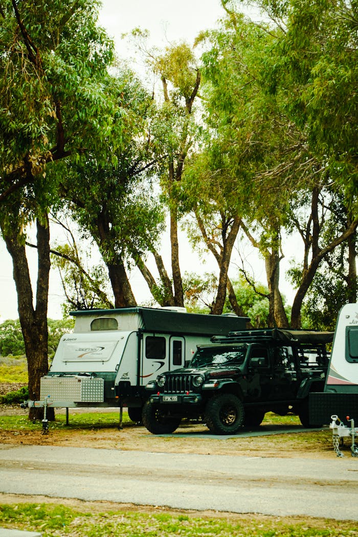 A camper and a Jeep parked in a serene forest environment, ideal for outdoor adventures.